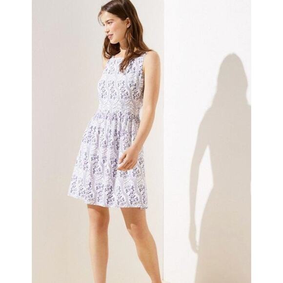 Loft Floral Cutout Back Mini Dress Square Neck Womens 12 New Blue White - Picture 3 of 14